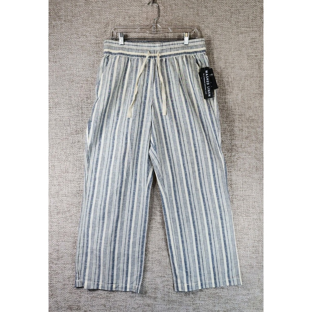 Zac & Rachel Linen Blend Pants Womens L Ivory Blue Stripe Wide Leg Pull On NWT